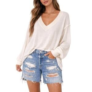 Free People We the Free Asher Thermal Pullover Oversized Sweater Cream Small